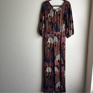 Anthropologie FARM Rio Animal Print Long Sleeve off the shoulder Jumpsuit